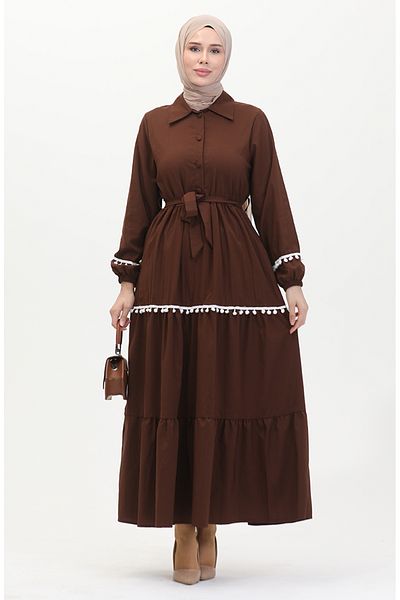sefamerve Belted Pom Pom Dress - Brown, Model 0482-01