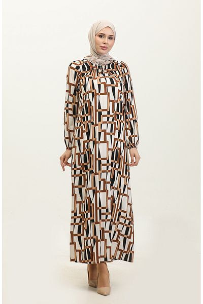 sefamerve Φόρεμα με στάμπα Viscose Plus Size - 44851J-01 Tan