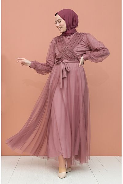sefamerve Βραδινό φόρεμα Dusty Rose Pearl Tulle - 81778-05
