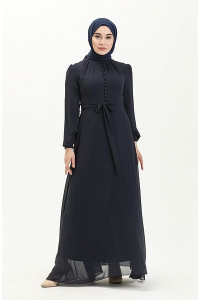 sefamerve Marineblaues Chiffon-Abendkleid – Knopfdetail, Modell 5695-11