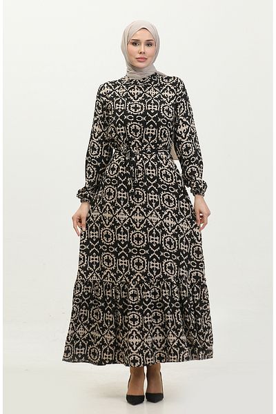 sefamerve Schwarzes Viskose-Musterkleid - 0362-03