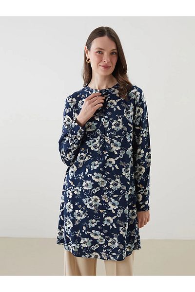 LC Waikiki Lcw Grace Navy Blue Preacher Collar Patterned Women's Tunic