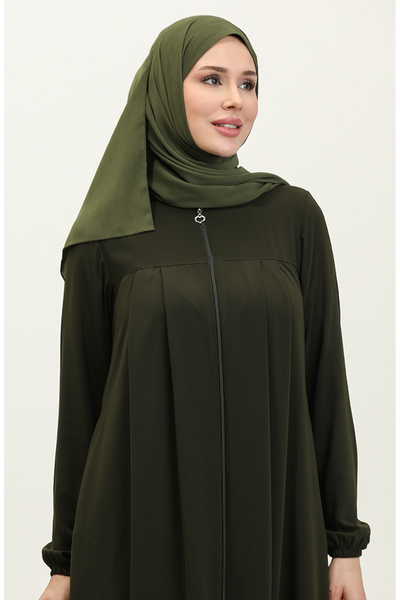 sefamerve Khaki Colored Pleated Zippered Ferace 5004-02