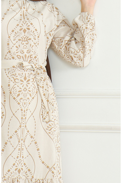 sefamerve Desenli Kuşaklı Keten Elbise 0471E-02 Bej Sütlü kahve