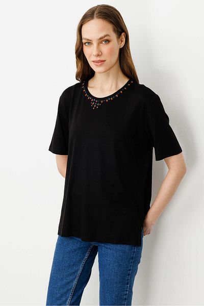 Desen Triko Γυναικείο μπλουζάκι με λαιμόκοψη Basic Combed Cotton Μαύρο