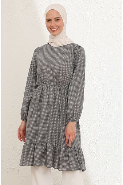 sefamerve 4343-04 Model Gray White Ruffle Skirt Tunic
