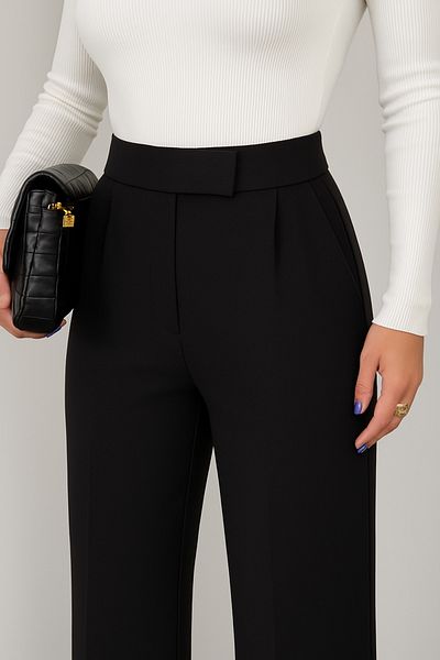 İpli Women's Black Palazzo Pants High Waist, Pockets, Velcro Closure