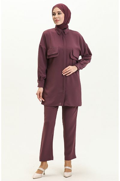 sefamerve Plum Tunic and Trousers Double Set - Pocket Detailed 5556-01
