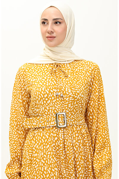 sefamerve Φόρεμα με ζώνη βισκόζης με μουστάρδα - 2204-01