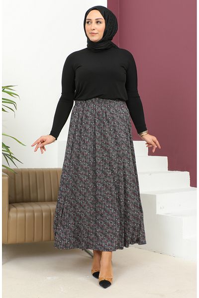 sefamerve Ροζ στάμπα Plus Size Ελαστική μέση φούστα - 2830D-03