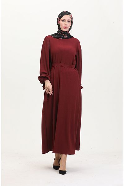 sefamerve Burgunderfarbenes Kleid mit gerafften Ärmeln – 1053-05