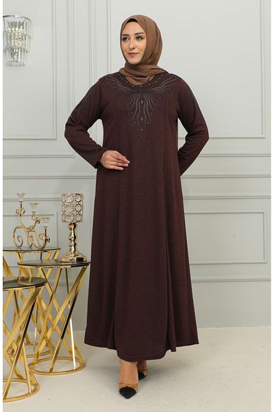 sefamerve Φόρεμα με κέντημα από βισκόζη Plus Size - 4956-05 Καφέ