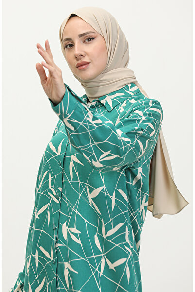 sefamerve Green Patterned Large Size Shirt Tunic - 2022B-04