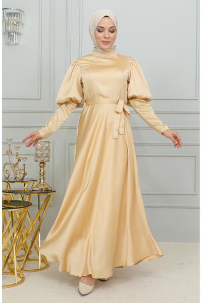sefamerve Cup Evening Dress - Sleeve Detailed, Gold 6084-03