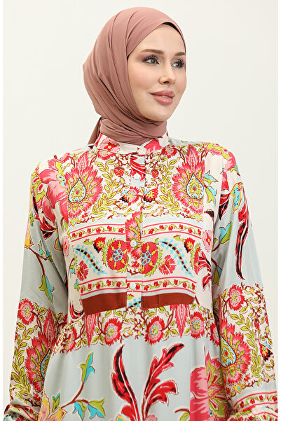 sefamerve Μπεζ πράσινο φόρεμα βισκόζης - Alaçatı με σχέδιο 0334-01