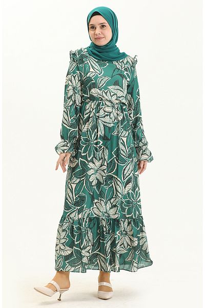 sefamerve Emerald Green Patterned Ruffle Dress - 5951-01