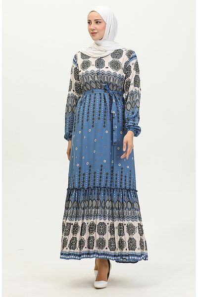 sefamerve Φόρεμα Amelya Indigo Viscose Plus Size - Διακριτικό και φύλλο 4588D-01