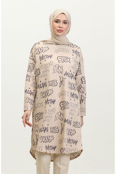 sefamerve Light Beige Patterned Comfortable Tunic 8710-01
