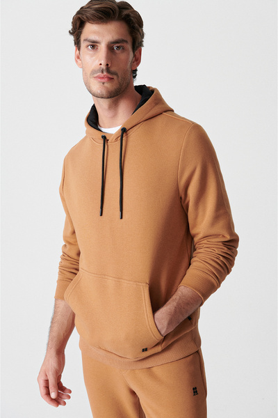 Avva Erkek Açık Kahverengi Kapüşonlu 3 İplik Şardonlu Pamuklu Sweatshirt E001018