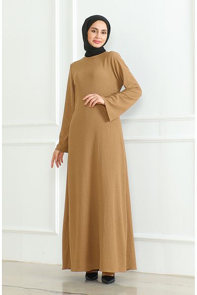 sefamerve Milk Coffee Plain Sports Dress - Bürümcük Fabric 1003-02