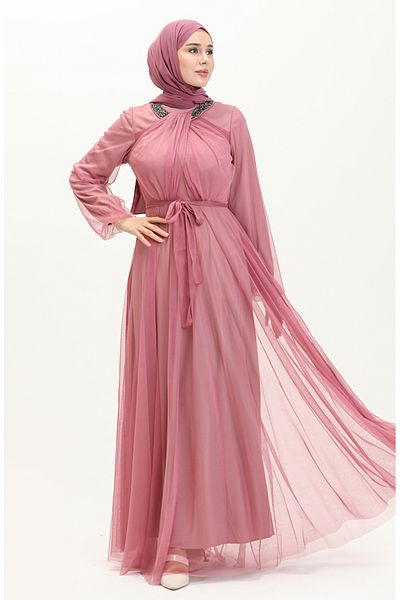 sefamerve 5414-01 Μοντέλο Dusty Rose Stone Λεπτομερές βραδινό φόρεμα από τούλι