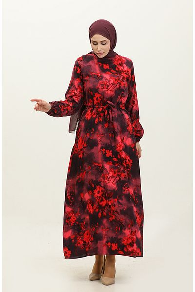 sefamerve Ahsen Viscose Dress 0329-11 - Navy Blue Red Floral Pattern