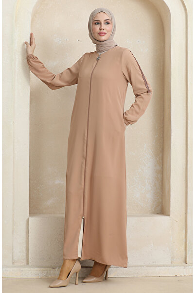 sefamerve Dark Beige Side Stone Patterned Ferace - 0464-02