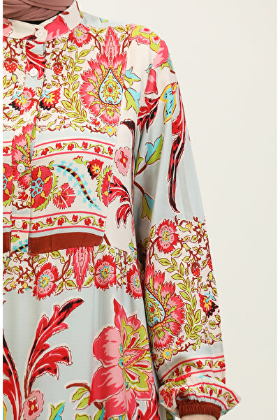 sefamerve Μπεζ πράσινο φόρεμα βισκόζης - Alaçatı με σχέδιο 0334-01