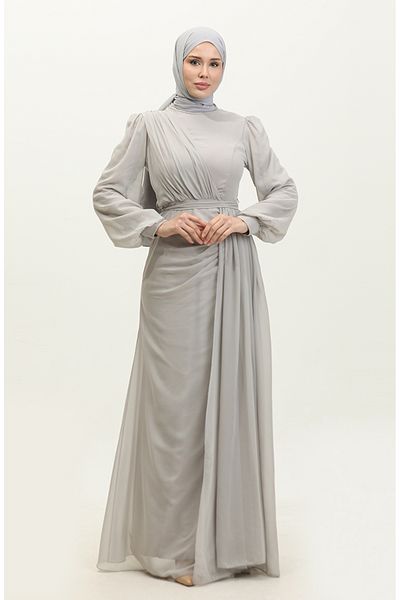 sefamerve Graues Abendkleid mit Falten und Gürtel 5711A-13