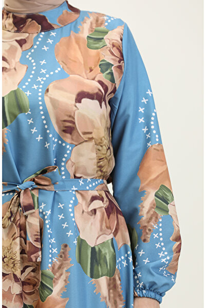 sefamerve Μπλε Καφέ Κρεπ Φόρεμα - Floral Pattern, Μοντέλο 0350-01