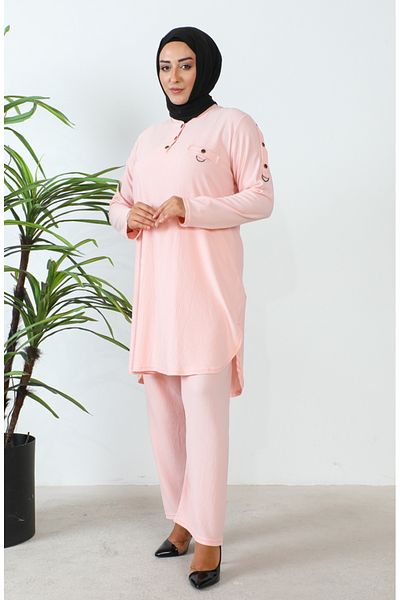 sefamerve Set dublu marime plus - tunică și pantaloni 2691-06 pudră