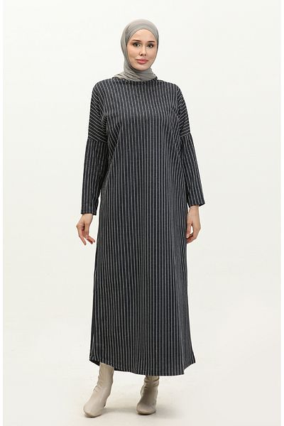 sefamerve Φόρεμα Navy Blue ριγέ μανίκι νυχτερίδας - 8673-01