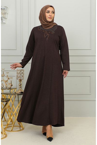 sefamerve Φόρεμα Viscose Plus Size με Λεπτομέρεια Κεντήματος - 4879-04 Καφέ