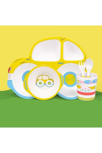 COOYA Kids Dinnerware Set, 5 Piece Car Shaped Plate and Bowl Set, Picky Eater Friendly, Dishwasher Safe