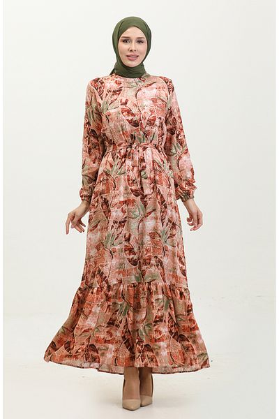 sefamerve Φόρεμα Viscose Brown Green - Leaf Pattern, Model 0356-02