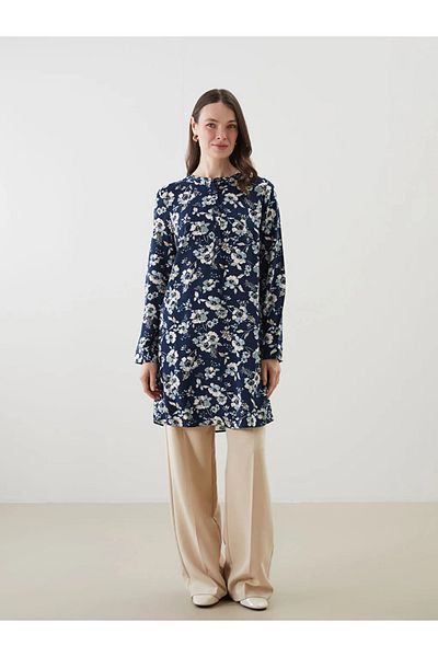 LC Waikiki Lcw Grace Navy Blue Preacher Collar Patterned Women's Tunic