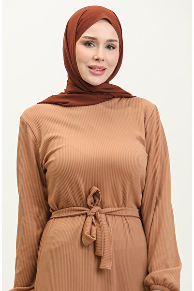 sefamerve Belgüzar Eteği Büzgülü Elbise NZR003A-07 Camel