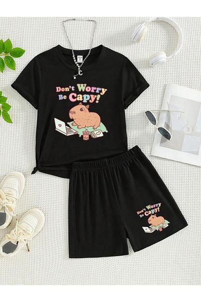 vinraus Girl\Boy Black Don`T Worry Capybara Printed Combed Cotton Shorts-Tshirt Set
