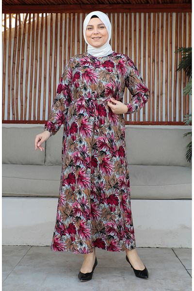 sefamerve Belted Plus Size Red Dress - 4579A-01