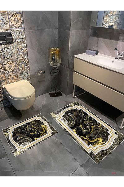 df home 4097 Model Non-Slip Washable Digital Printed Bath Mat - 60X100+50X60