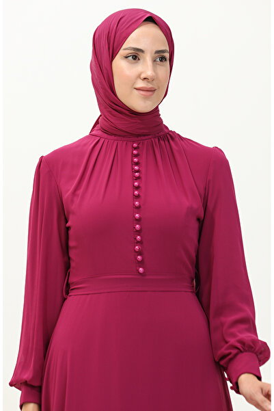 sefamerve Düğme Detaylı Kuşaklı Şifon Abiye Elbise 5695A-03 Fuşya