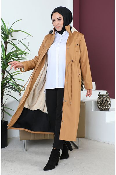 sefamerve Light Tan Bondit Fabric - Παλτό μεγάλου μεγέθους με φερμουάρ 11455-08