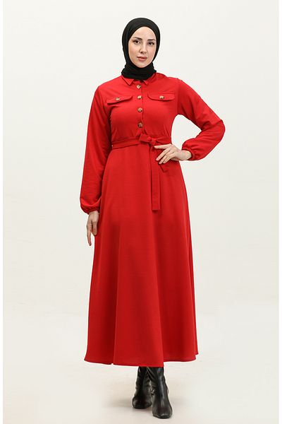 sefamerve Red Cup Dress - Pocket Detail, Model 0331-04
