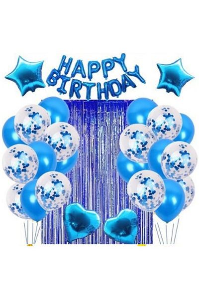 Flippy Baloane PARTY RIBON, Set 24 buc, 10 simple, 10 cu paiete, 4 baloane folie, 1 perdea 1 x 2 m Albastru