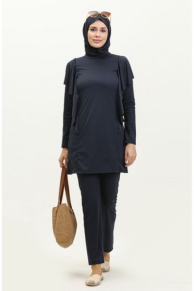 sefamerve Vollständig bedeckter Hijab-Badeanzug mit Rüschendetail, 2225a-01, Marineblau