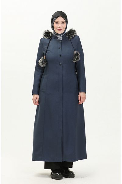 sefamerve Indigo Large Size Hooded Overcoat - 0461-03
