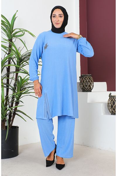sefamerve Σετ χιτώνα και παντελονιού Plus Size Blue Twisted - 2608-09