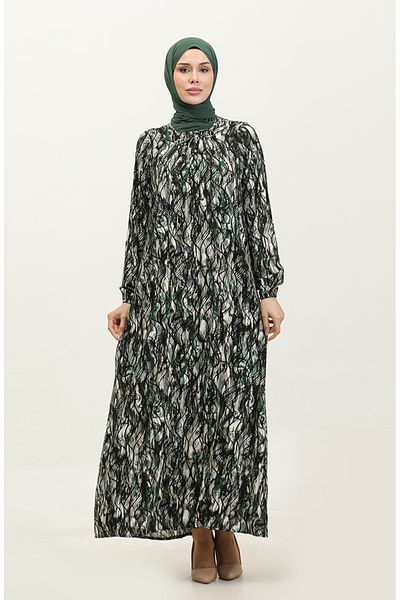sefamerve Φόρεμα με σχέδιο Viscose Plus Size - 44851M-03 Μαύρο πράσινο χακί