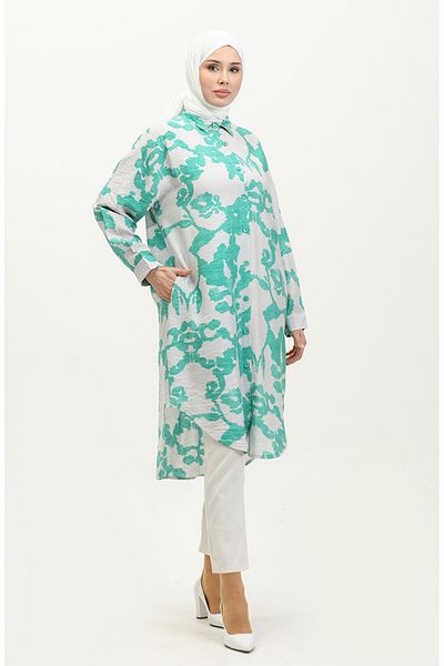 sefamerve Green Ecru Patterned Printed Tunic - 24Y9033-06