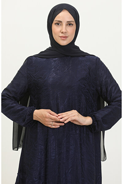 sefamerve Volan Detaylı Jakarlı Elbise 81866-04 Lacivert